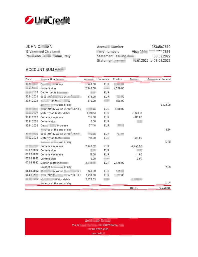 意大利 UniCredit 银行对账单 Excel 和 PDF 模板
