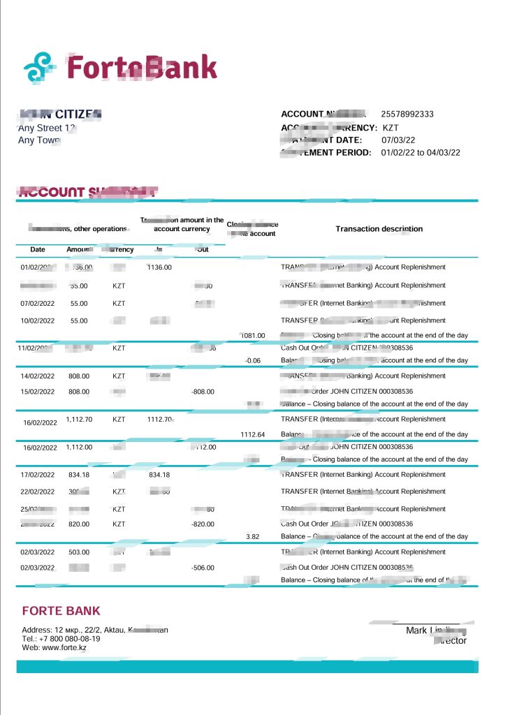 哈萨克斯坦 Forte 银行对账单 Excel 和 PDF 模板