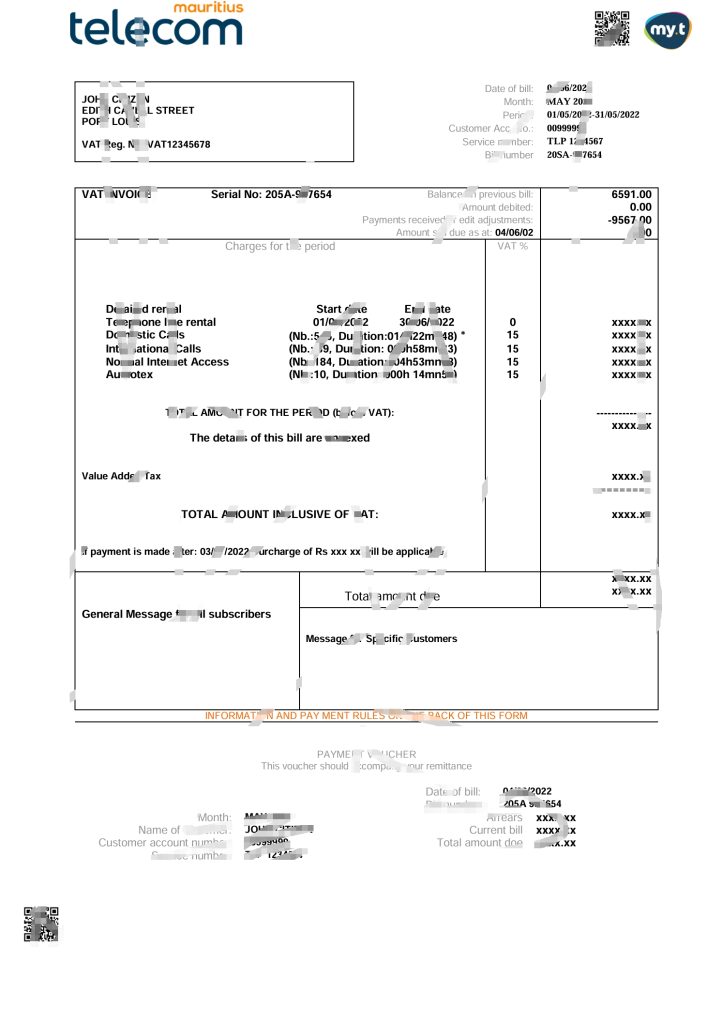 毛里求斯电信毛里求斯水电费账单模板（Word 和 PDF 格式）