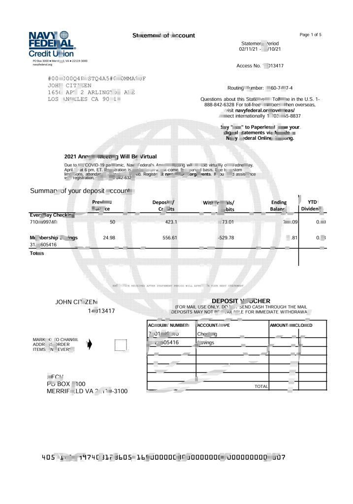 美国海军联邦信用合作社银行对帐单 Excel 和 PDF 模板