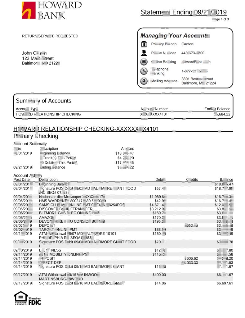 美国马里兰州霍华德商业银行对账单 Word 和 PDF 模板（4 页）