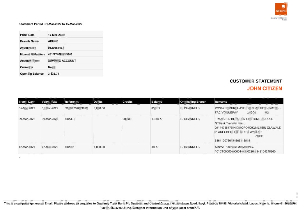尼日利亚担保信托银行 (GTBank) 储蓄账户报表 Word 和 PDF 模板