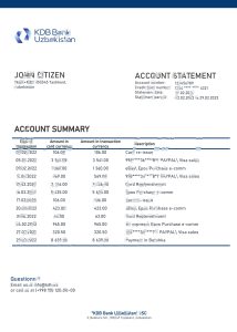 乌兹别克斯坦 KDB 银行对帐单 Word 和 PDF 模板Uzbekistan KDB Bank Statement Word And PDF Template-帮司令
