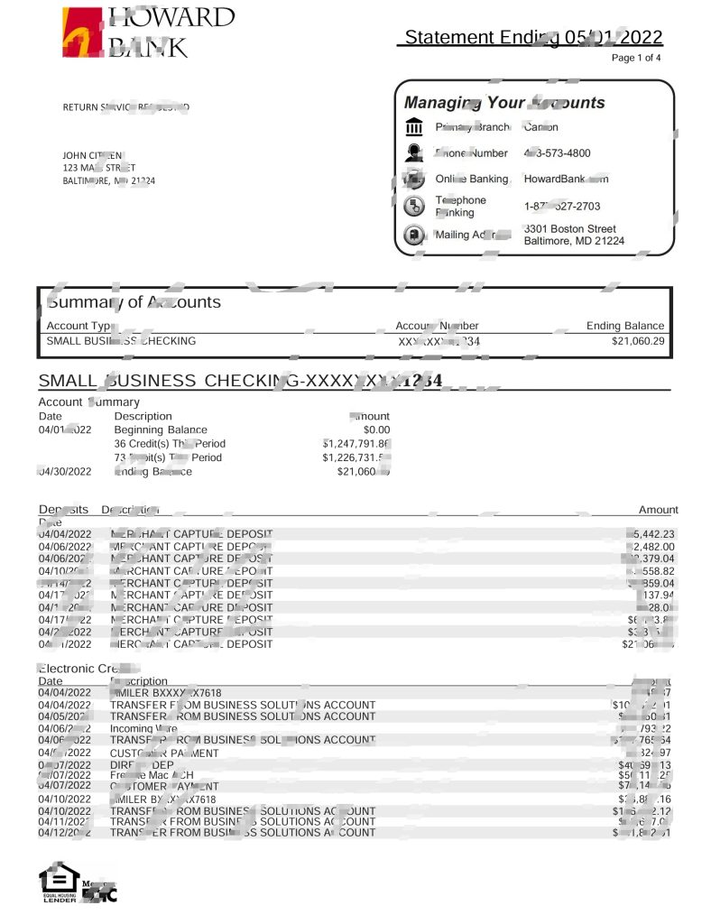 美国霍华德银行对帐单 Word 和 PDF 模板（4 页）