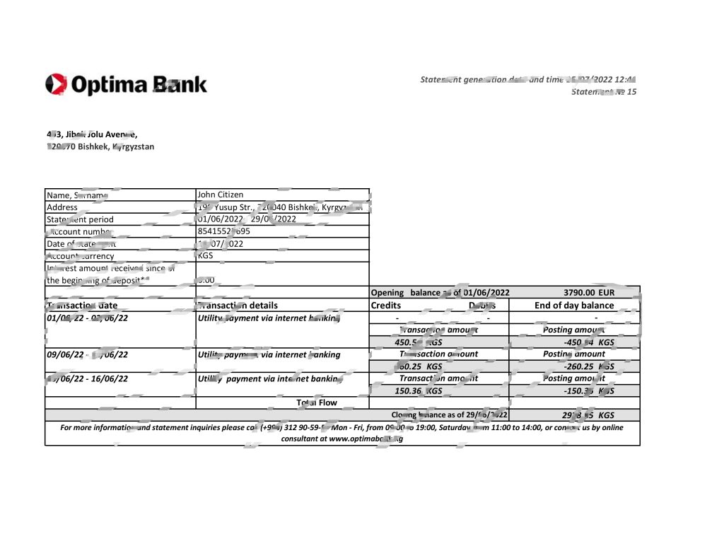 吉尔吉斯斯坦 Optima 银行对帐单 Excel 和 PDF 模板