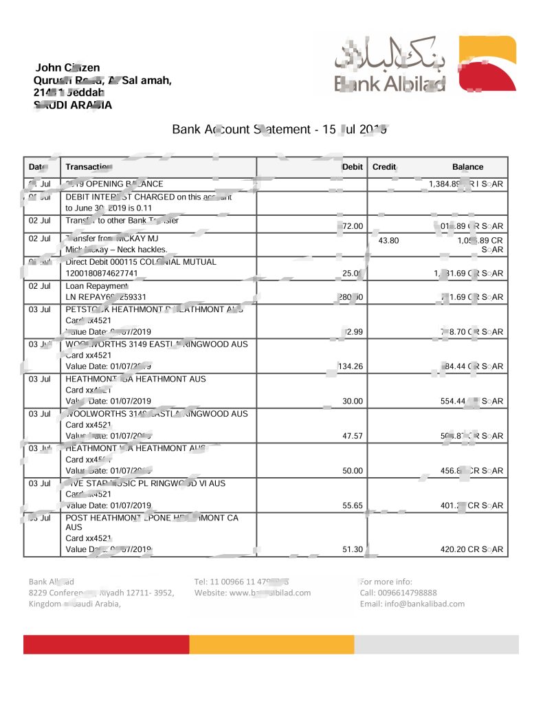 沙特阿拉伯银行 Albilad 银行对账单模板