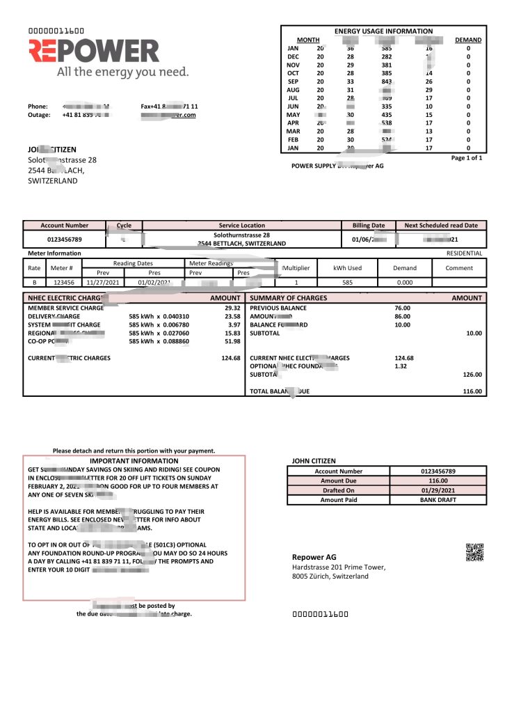 瑞士 Repower AG 公用事业账单