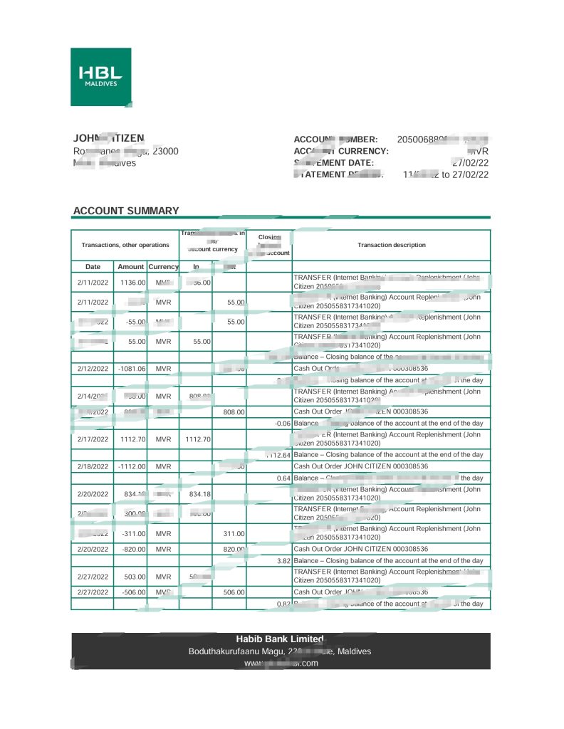 马尔代夫 HBL 银行对帐单 Excel 和 PDF 模板