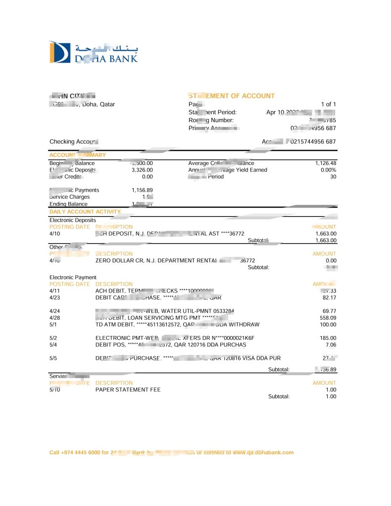 卡塔尔多哈银行对帐单 Excel 和 PDF 模板