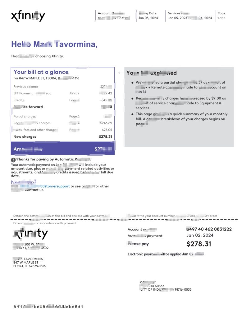 xfinity 公用事业账单 Word 和 PDF 模板