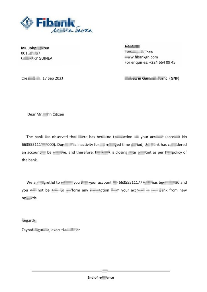 几内亚 Fibank 银行推荐信模板