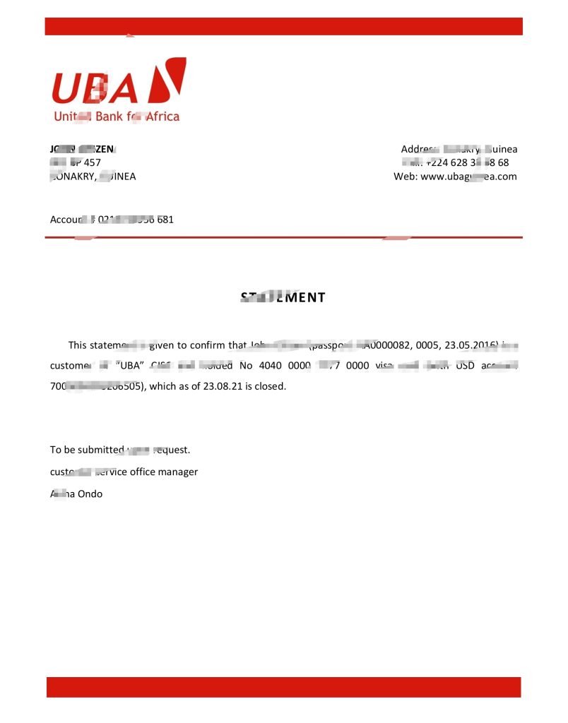 几内亚 UBA 银行推荐信模板