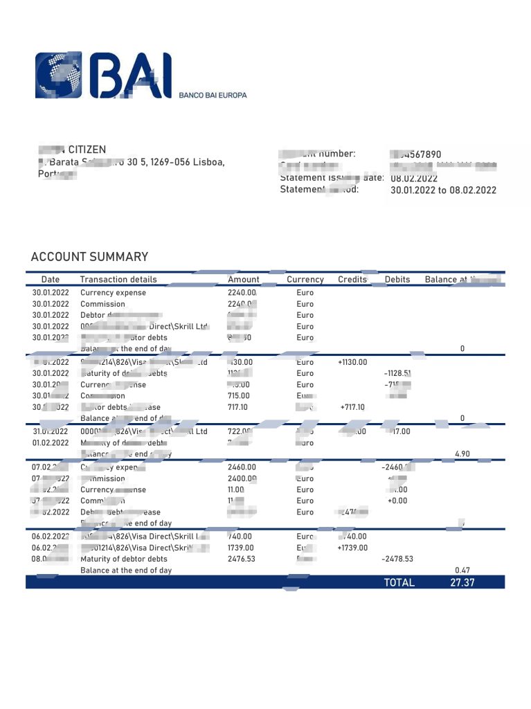 葡萄牙 Banco BAI Europa 银行对账单 Word 和 PDF 模板