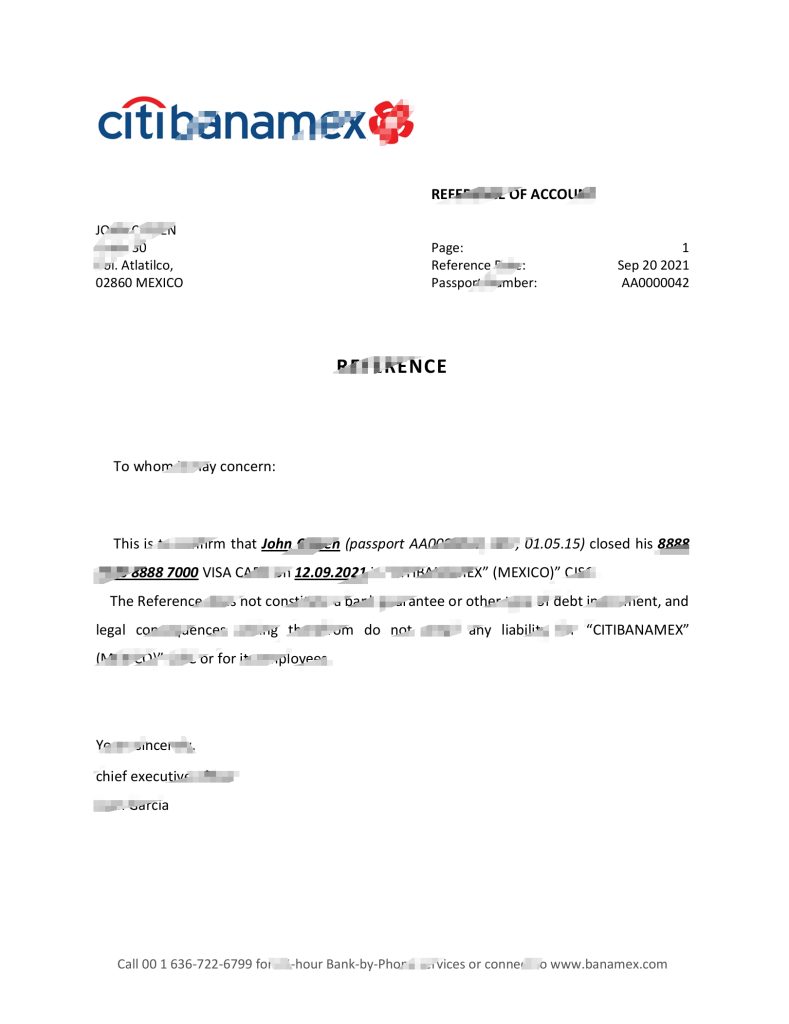 墨西哥 Citibanamex 银行推荐信模板