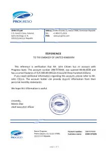 多米尼加共和国 Banco Progreso 银行推荐信模板Dominican Republic Banco Progreso Bank Reference Letter Template-帮司令