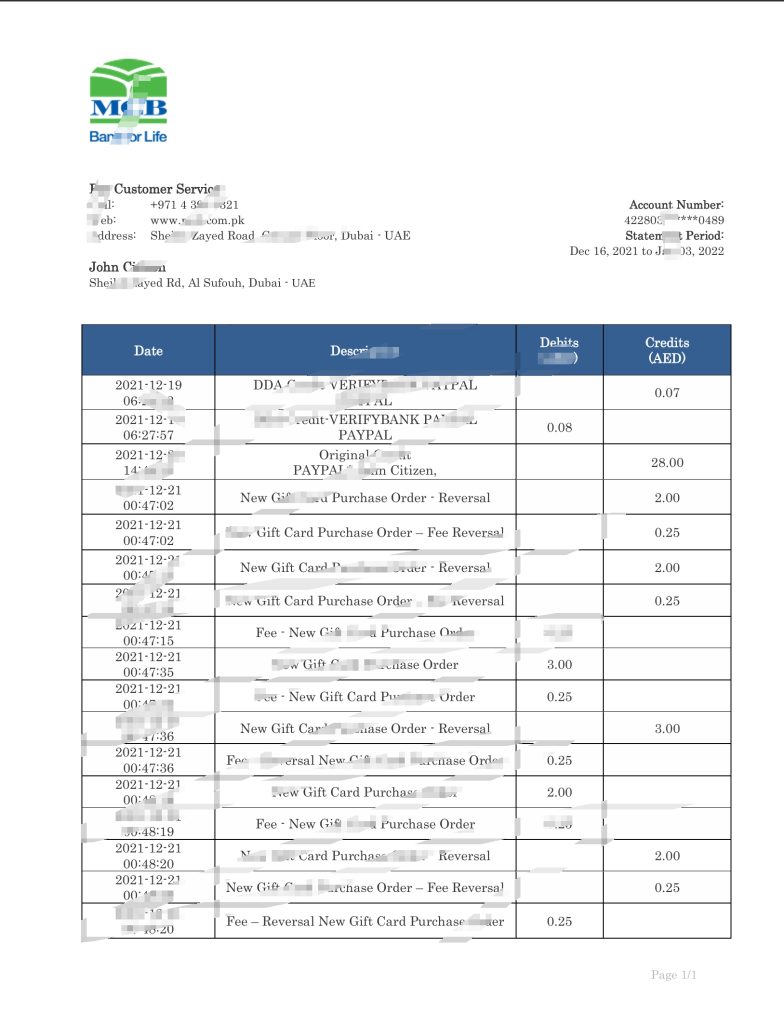 阿拉伯联合酋长国 MCB 银行对帐单 Word 和 PDF 模板