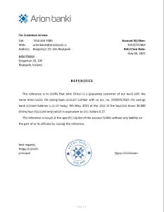 冰岛 Arion 银行推荐信模板Iceland Arion Bank Reference Letter Template-帮司令