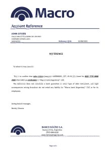 阿根廷银行宏观银行推荐信模板Argentina Banco Macro Bank Reference Letter Template-帮司令