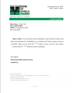 贝宁非洲银行银行推荐信模板Benin Bank of Africa Bank Reference Letter Template-帮司令