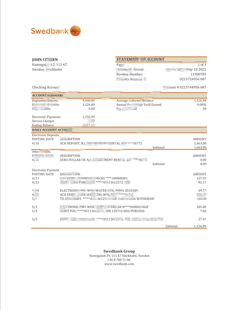 瑞典 Swedbank 银行对账单 Excel 和 PDF 模板
