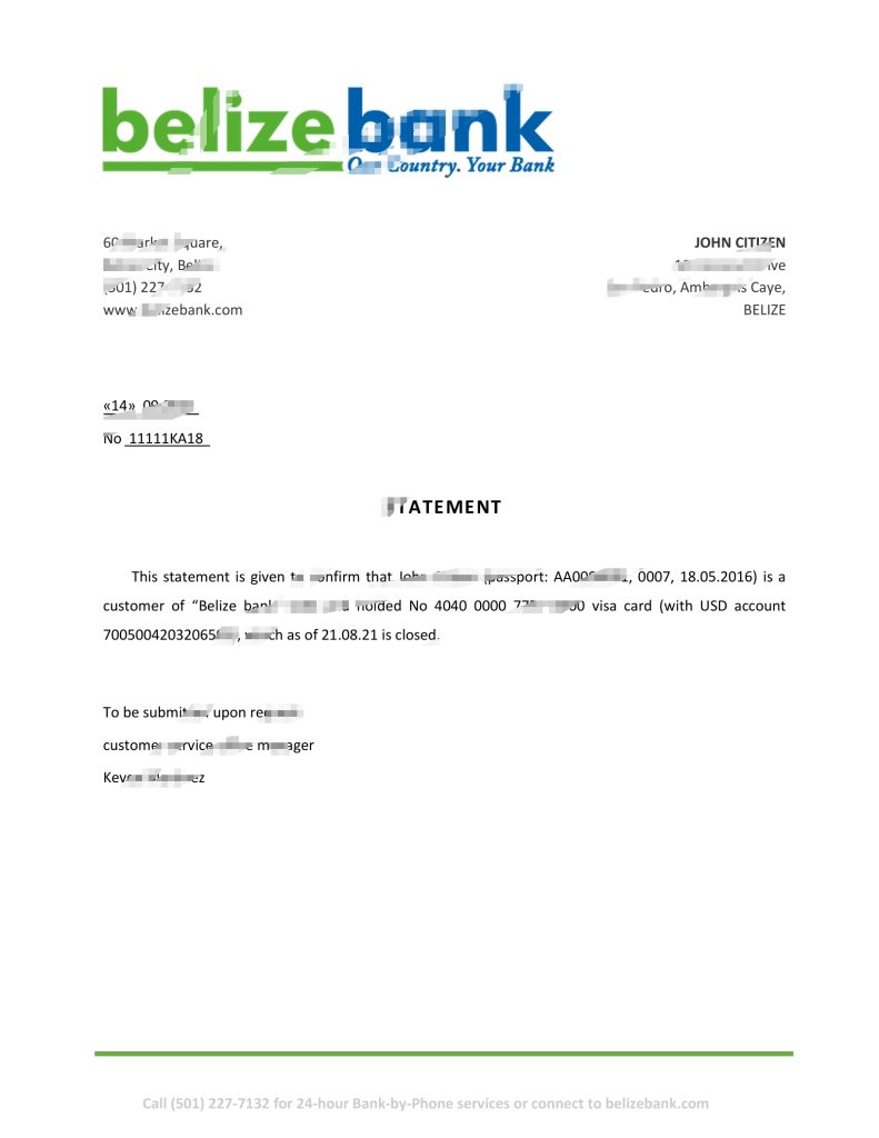 伯利兹 Belizebank 银行推荐信模板