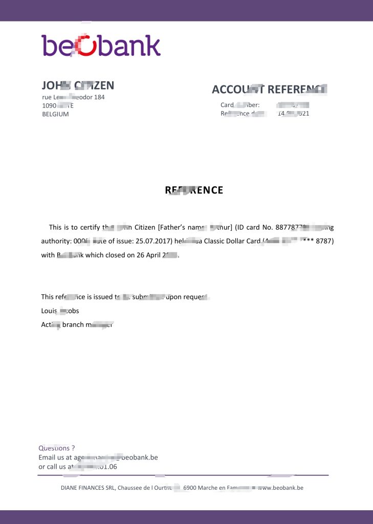 比利时 Beobank 银行推荐信模板