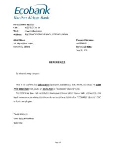 贝宁经济银行银行推荐信模板Benin Ecobank Bank Reference Letter Template-帮司令