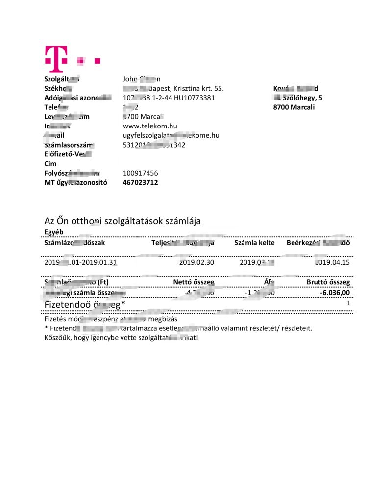 匈牙利 Magyartel 公用事业账单 Word 和 PDF 模板