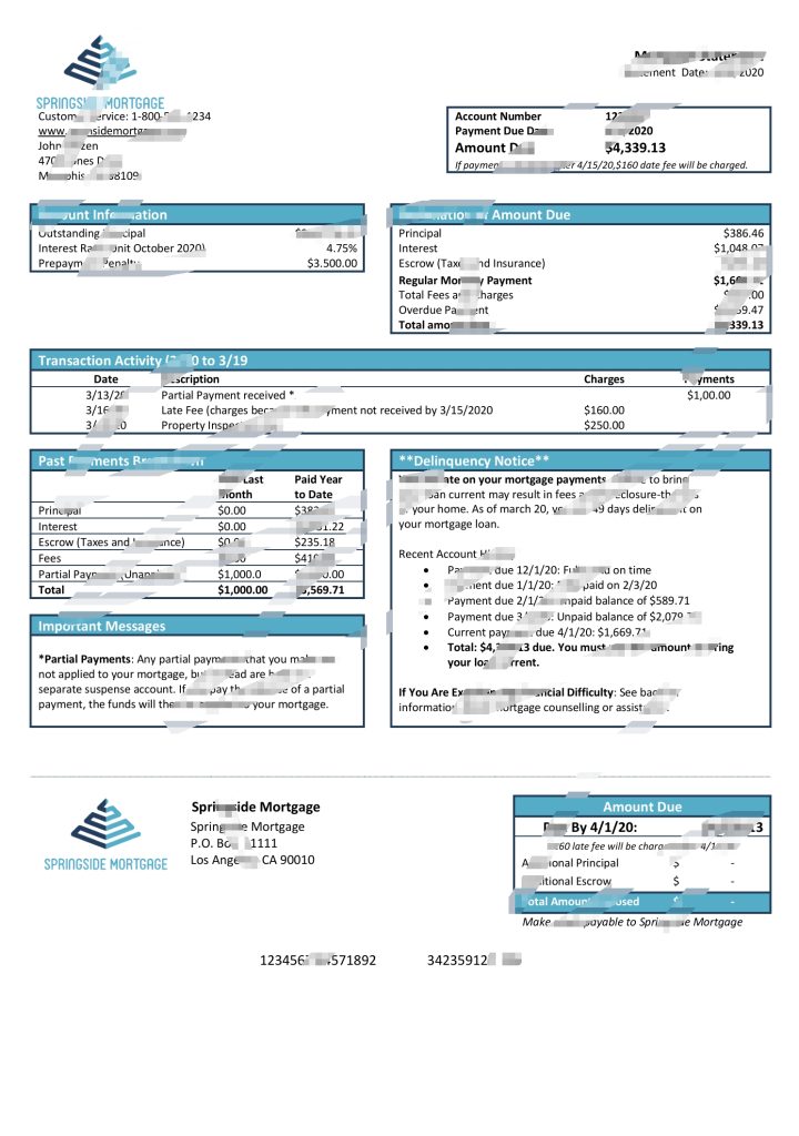 美国 Springside 抵押贷款银行对帐单模板
