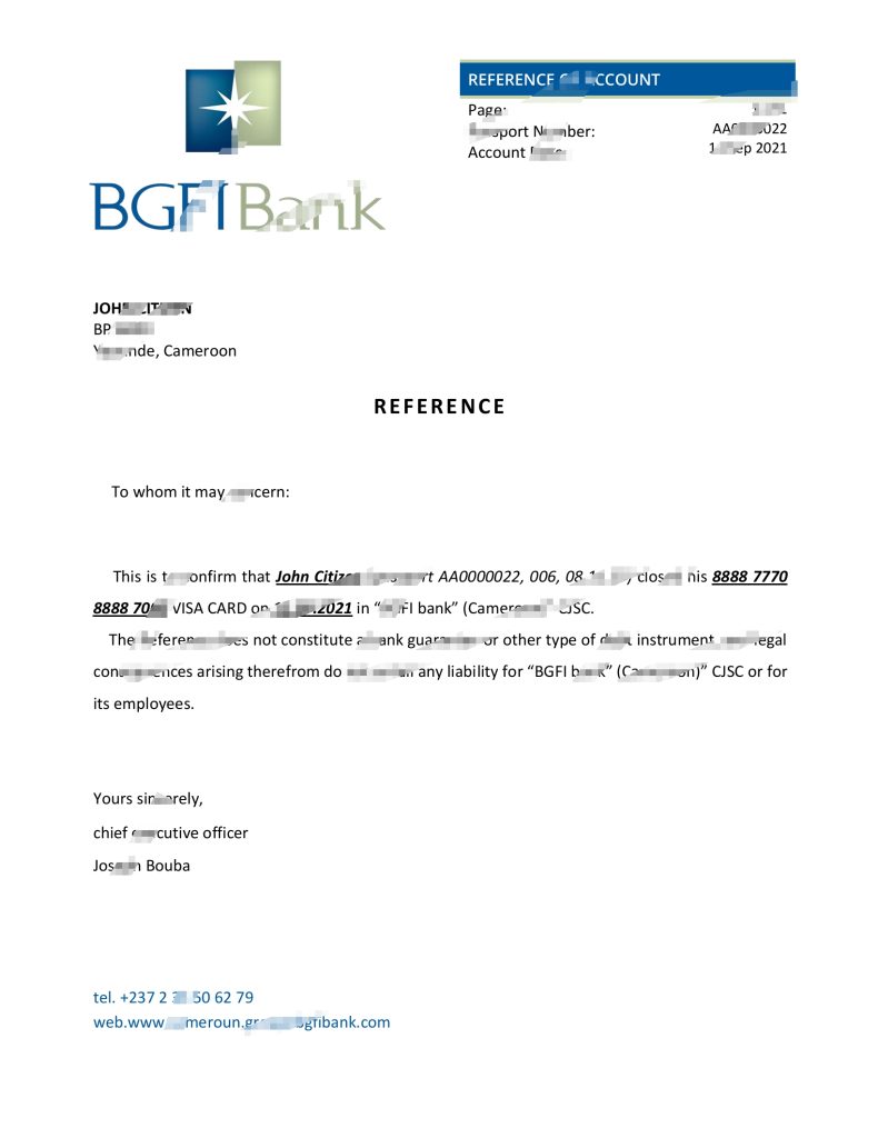 喀麦隆 BGFI 银行推荐信模板