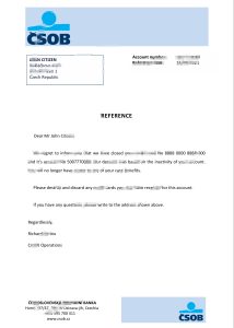 捷克共和国捷克斯洛文尼亚奥布霍德尼银行参考信模板Czech Republic Československá Obchodní Bank Reference Letter Template-帮司令