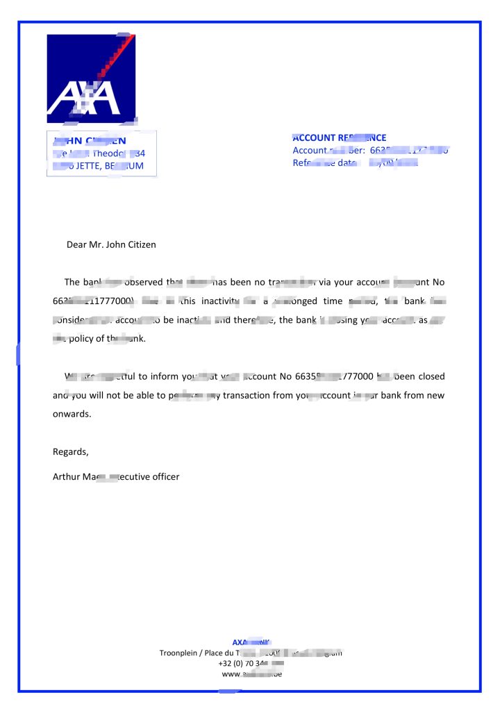 比利时 AXA 银行推荐信模板