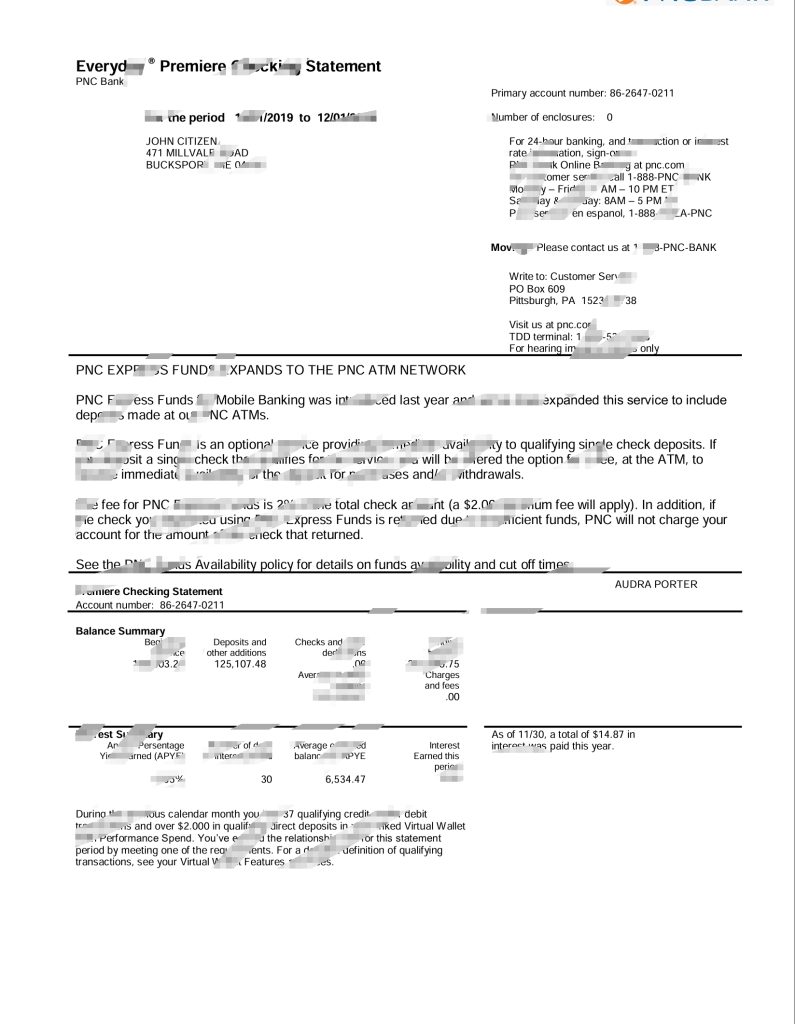 美国 PNC 银行对账单模板