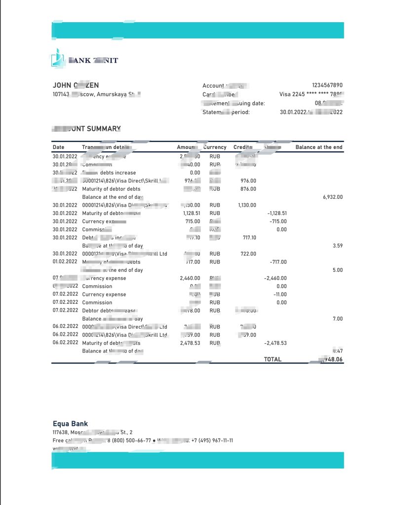 俄罗斯泽尼特银行对账单 Excel 和 PDF 模板