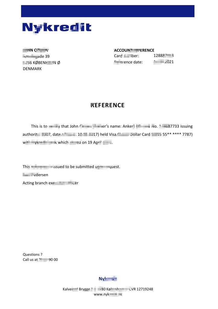 丹麦 Nykredit 银行推荐信模板