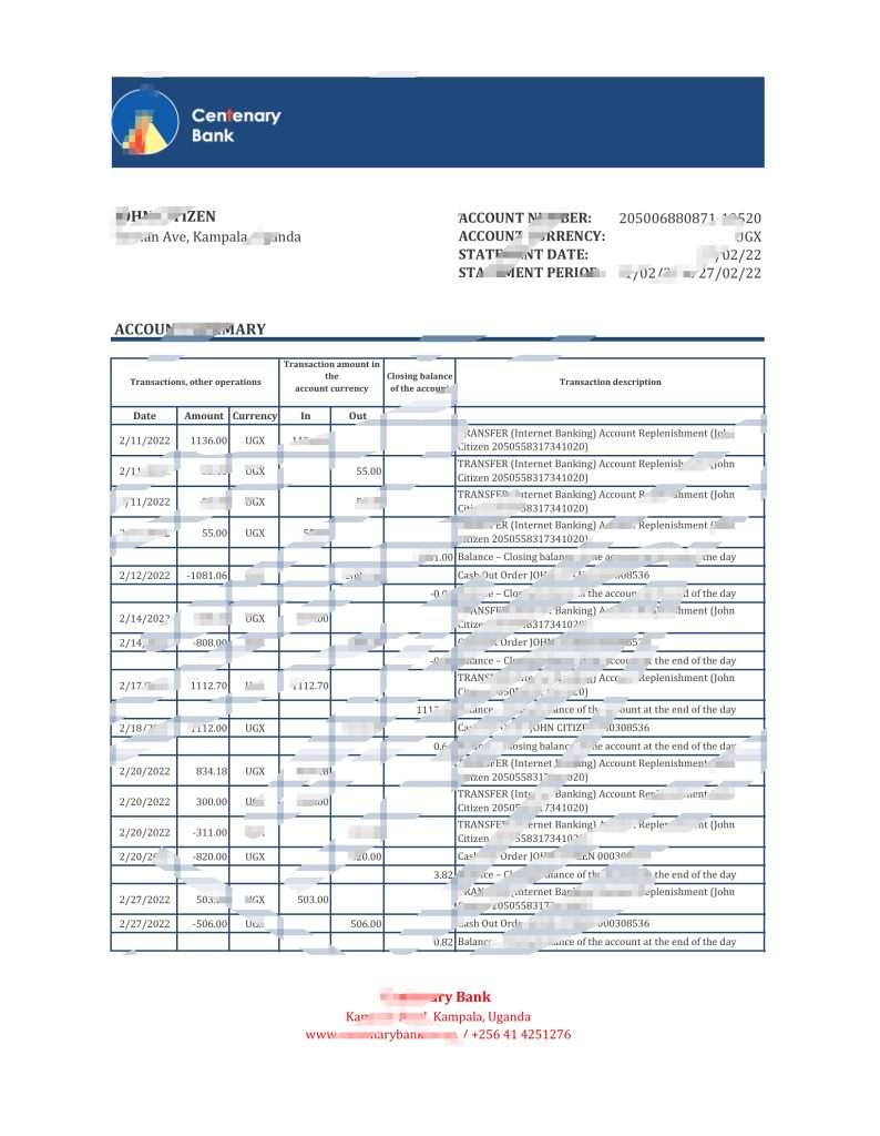 乌干达百年银行对账单Excel和PDF模板