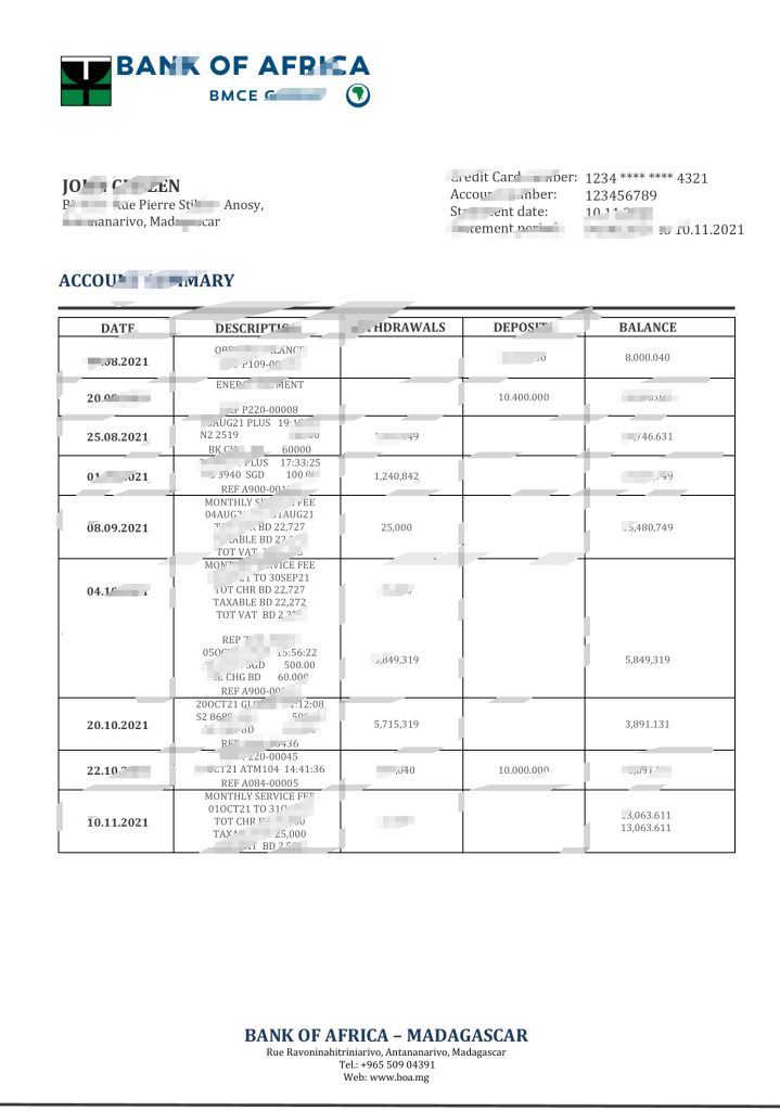 马达加斯加非洲银行银行对账单模板