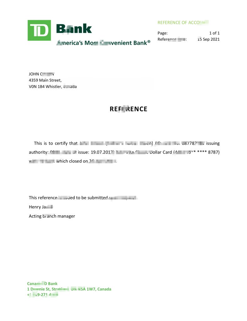 加拿大道明银行推荐信模板