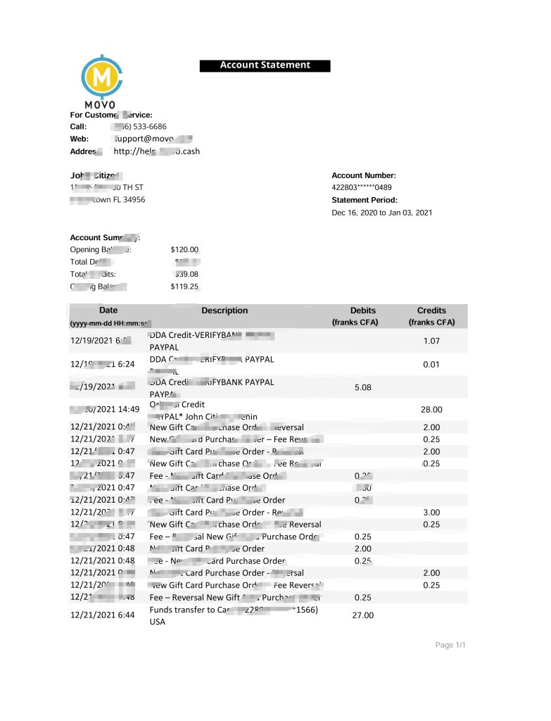 美国 MOVO 银行对账单 Excel 和 PDF 模板