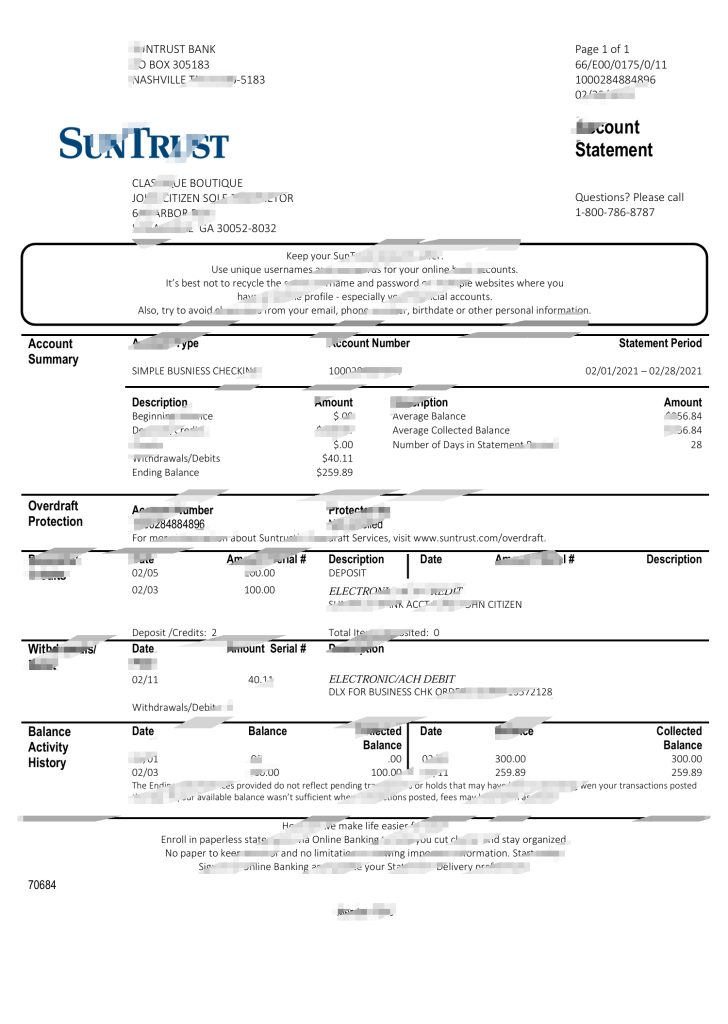 美国佐治亚州 SunTrust 银行对账单模板