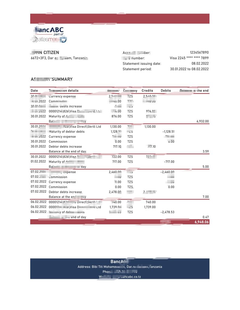 坦桑尼亚 BancABC 银行对账单 Excel 和 PDF 模板