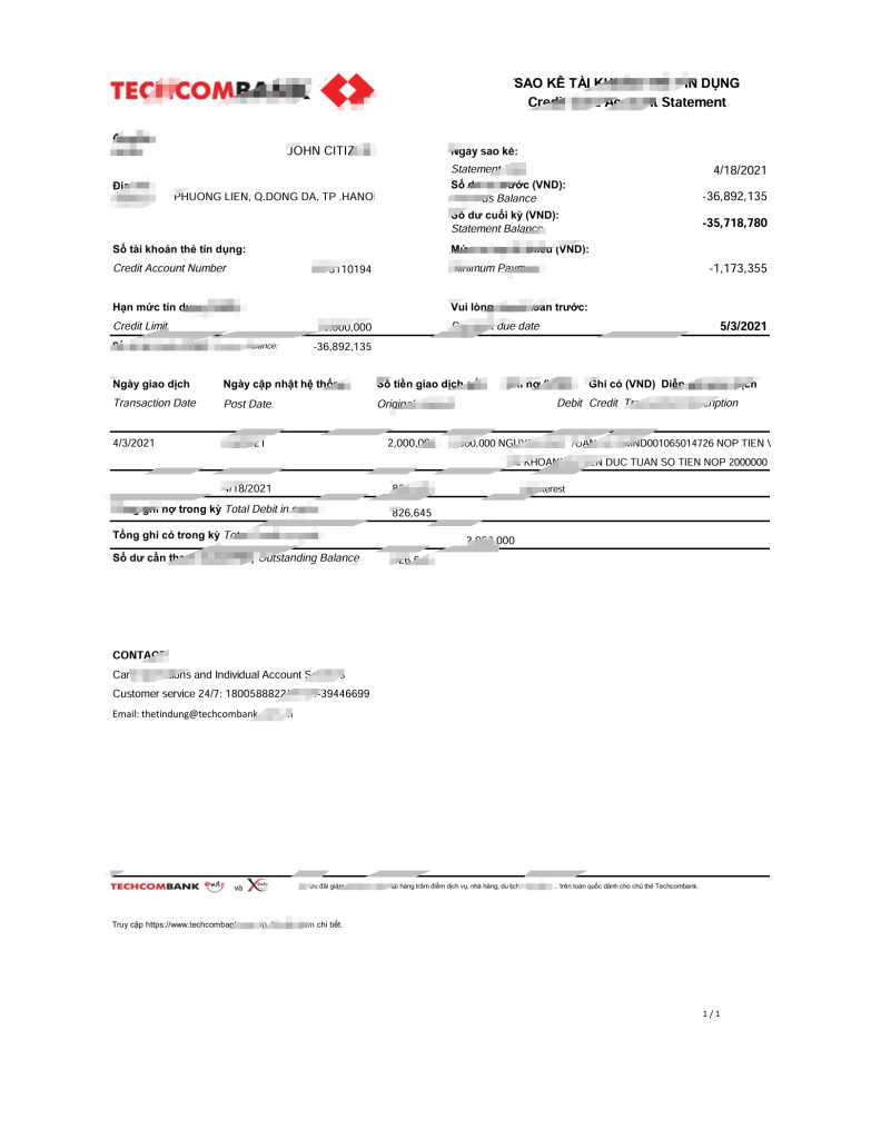 越南 Techcombank 银行对账单 Excel 和 PDF 模板