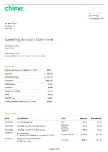 美国 Chime 银行对账单 Word 和 PDF 模板（共3 页只展示首页）USA Chime Bank Statement Word And PDF Template (3 pages)-帮司令