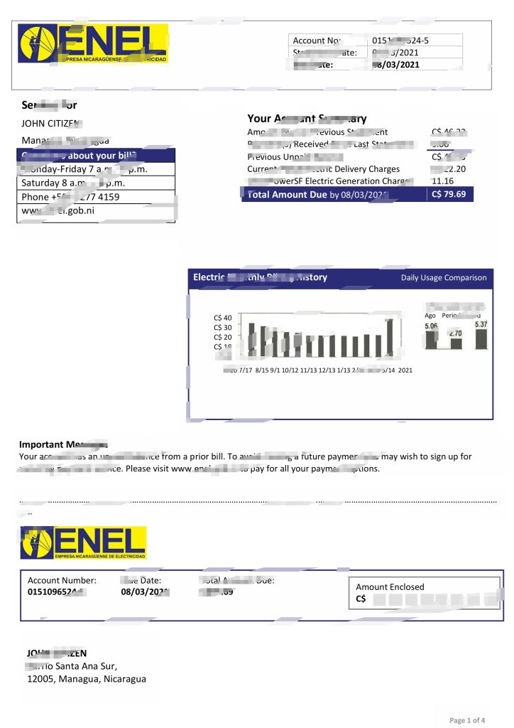 尼加拉瓜尼加拉瓜电力公司 ENEL 电费账单 Word 和 PDF 模板