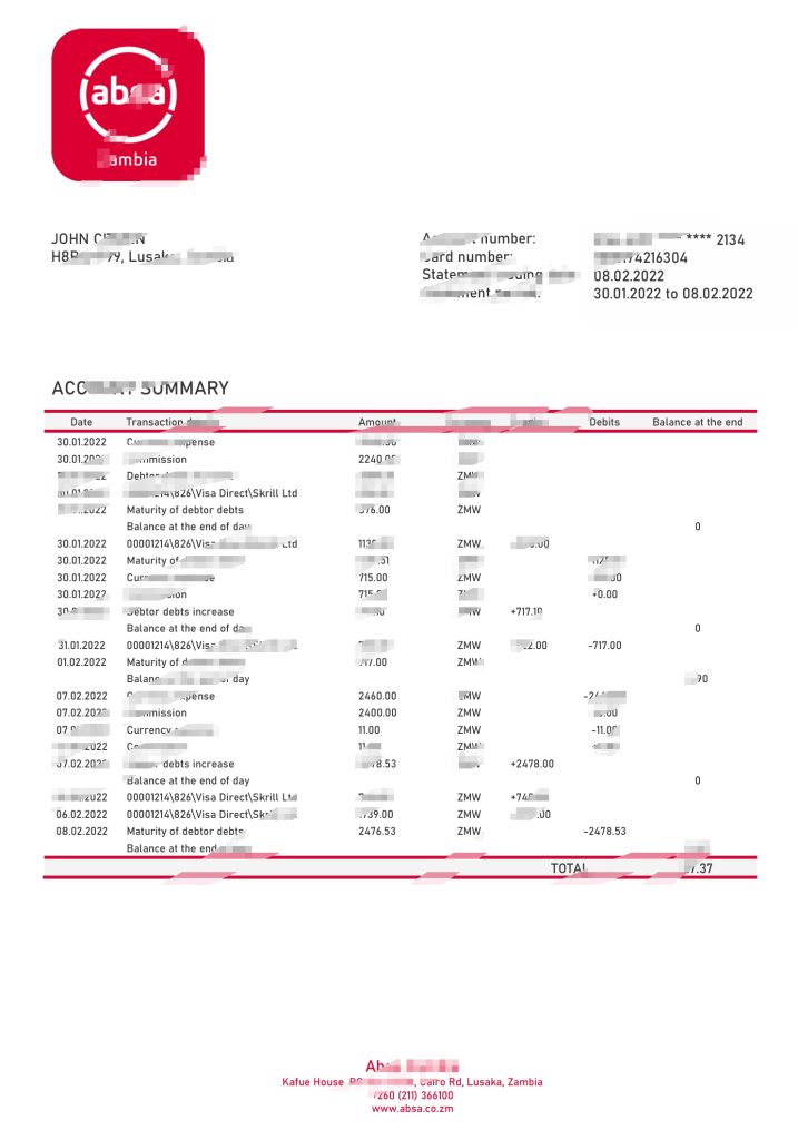赞比亚Absa银行对账单模板