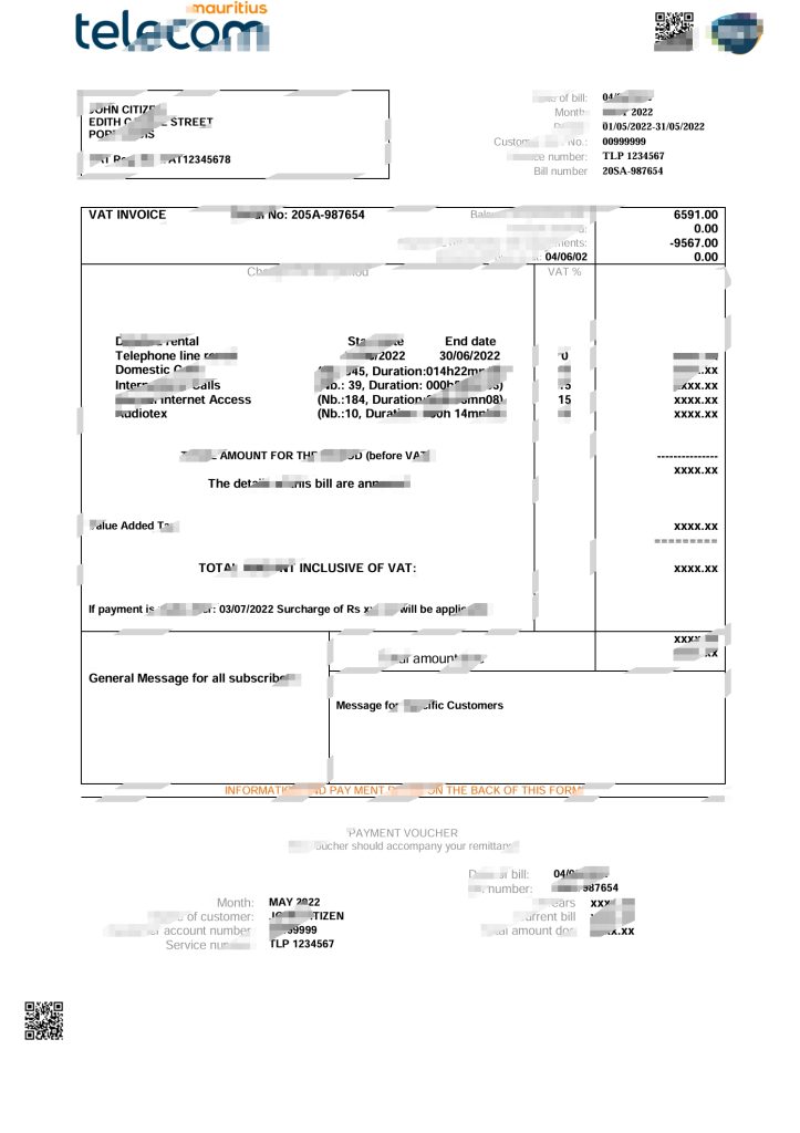 毛里求斯电信毛里求斯公用事业账单Word和PDF模板