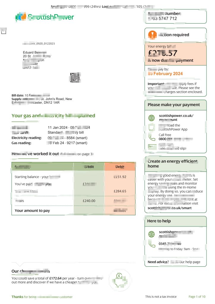 ScottishPower 公用事业账单模板（Word 和 PDF 格式）（2024 年 1 月）