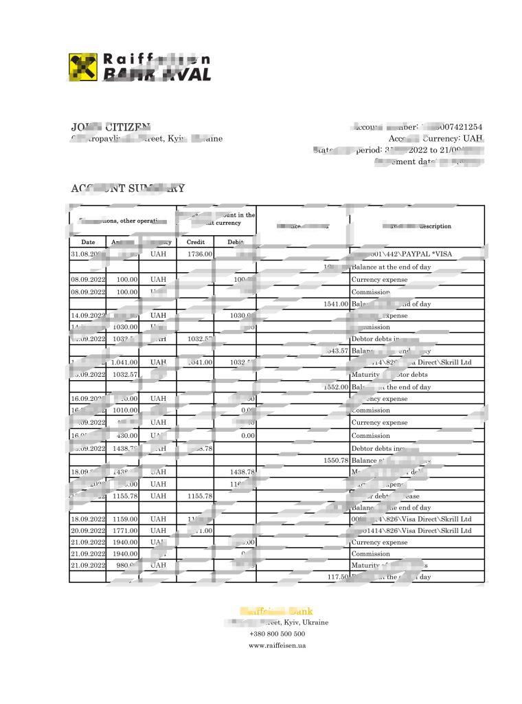 乌克兰 Raiffeisen 银行对账单 Excel 和 PDF 模板