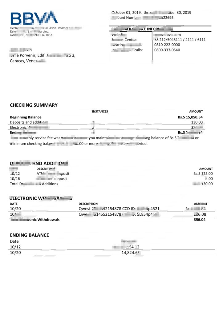 委内瑞拉 BBVA 银行对账单模板
