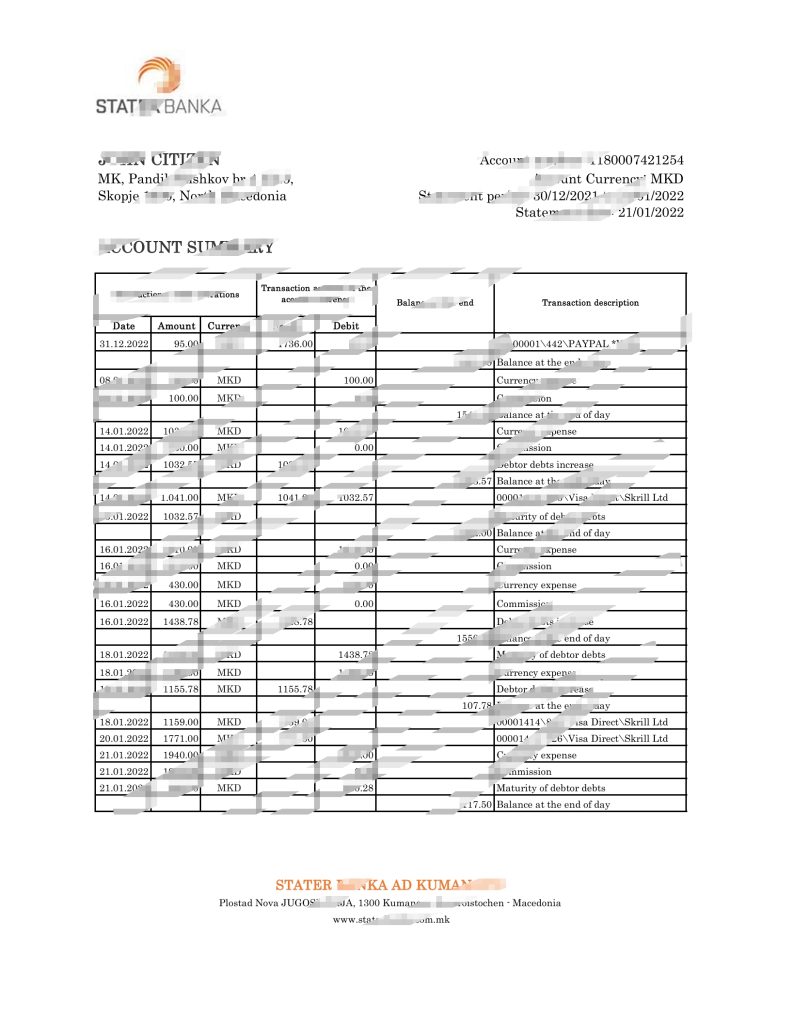 北马其顿 Stater Banka 银行对账单 Excel 和 PDF 模板